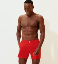 Men Flat Belt Stretch Swimwear Solid Poppy red front worn view
