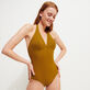 Women Halter One-Piece Swimsuit Plumes Jacquard Bark front worn view
