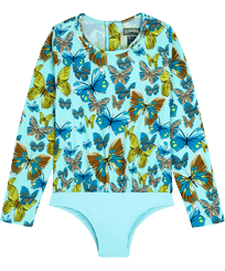 T-shirt anti UV une pièce manches longues fille Butterflies Lagon vue de face