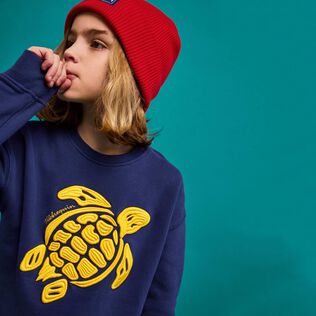 Boys Round-Neck Cotton Sweatshirt Placed Embroidery Turtles Navy front worn view