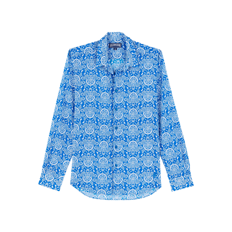 Vilebrequin Men Cotton Voile Lightweight Shirt Tribal Turtles - Caracal - Blue - Size XL