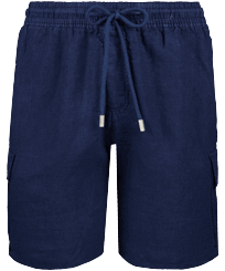 Einfarbige Leinen-Bermudashorts mit Cargotaschen für Herren Marineblau Vorderansicht