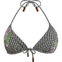 Top de bikini de triángulo con estampado Pocket Check y flores bordadas para mujer Bronce vista frontal