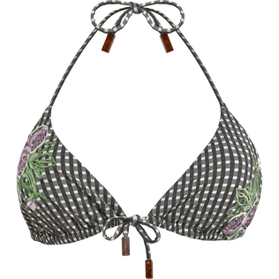 Women Triangle Bikini Top Pocket Check Fleurs Brodées Bronze front view
