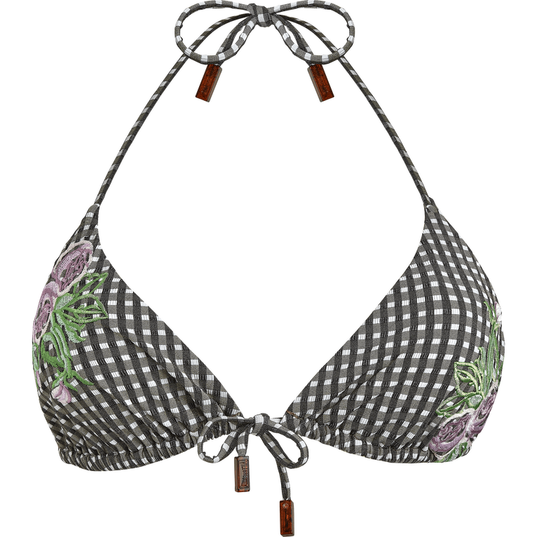 Women Triangle Bikini Top Pocket Check Embroidered Flowers - Fucci - Green