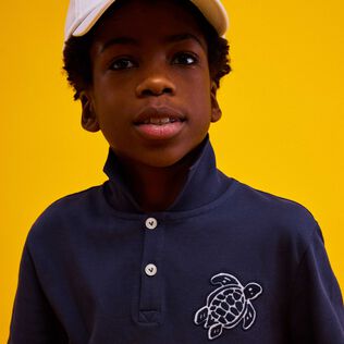 Boys Cotton Polo Turtle Patch Navy front worn view