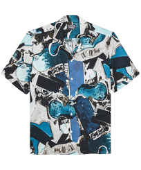 Men Linen Bowling Shirt Californian Pool Dogtown - Vilebrequin x Highsnobiety Blue note front view