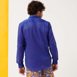 Unisex Cotton Voile Lightweight Shirt Solid Purple blue back worn view