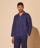 Men Linen Vareuse Solid Navy front worn view