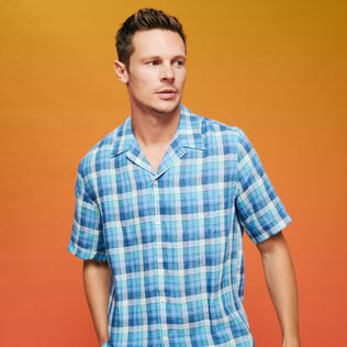 Men Bowling Shirt Checks - Vilebrequin x The Beach Boys Navy front worn view