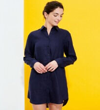 Robe Chemise femme en Lin unie Bleu marine vue portée de face