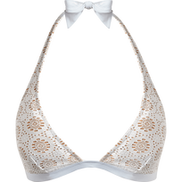 Top de bikini anudado alrededor del cuello con estampado Broderies Anglaises para mujer Off white vista frontal