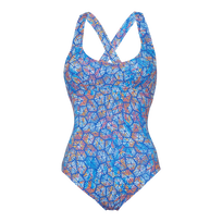 Women Crossed Back Straps One-piece Swimsuit Carapaces Multicolores Sea blue front view