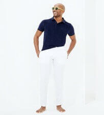 Men Straight Linen Pants Solid White front worn view