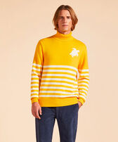 Men Striped Cotton and Cashmere Turtleneck Pullover Jacquard Tortue Sun front worn view