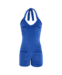 Tuta corta donna in spugna - Vilebrequin x JCC+ - Edizione limitata Blu mare vista frontale