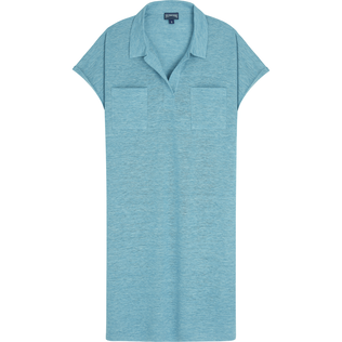 Langes Solid Polokleid aus Leinen für Damen Heather azure Vorderansicht