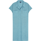 Langes Solid Polokleid aus Leinen für Damen Heather azure Vorderansicht