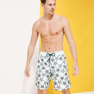 Men Long Swim Shorts Starfish Dance Flocked Glacier front worn view