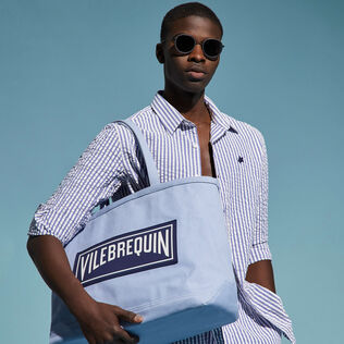 Camicia uomo a righe in seersucker Blu jeans dettagli vista 3