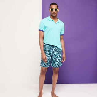 Men Long Swim Trunks Blurred Turtles Navy details view 3