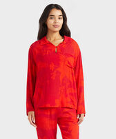 Camicia donna in viscosa Flower Power Lipstick vista frontale indossata