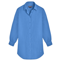 Women Linen Shirt Dress Solid Jeans blue front view