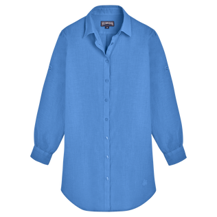 Women Linen Shirt Dress Solid Jeans blue front view