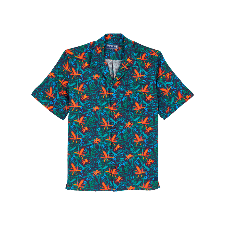 Vilebrequin Men Linen Bowling Shirt Tropical Flowers - Charli - Blue - Size S