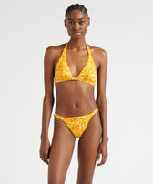 Top de bikini anudado al cuello con estampado Palm Leaves para mujer Mango vista frontal desgastada
