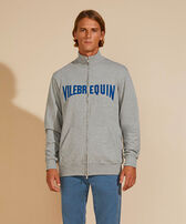 Velvet Sweatshirt mit Frontreißverschluss und aufgesticktem Logo für Herren Graumeliert Vorderseite getragene Ansicht