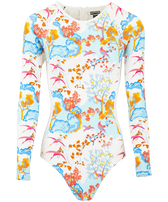 Bañador de una sola pieza y manga larga con protección solar y estampado Peaceful Trees para mujer Blanco vista frontal