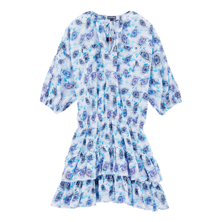 Women Short Ruffles Cotton Dress Flash Flowers Purple blue front view