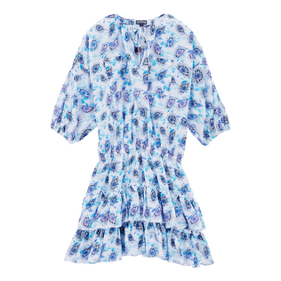 Damen Andere Bedruckt - Kurzes Flash Flowers Rüschenkleid aus Baumwolle für Damen, Purple blue Vorderansicht