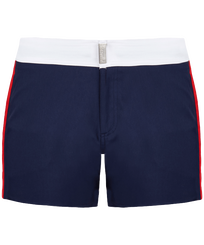 Men Stretch Swim Shorts Flat Belt Color Block Navy front view