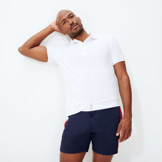 Color Block Stretch-Badeshorts mit flachem Bund für Herren Marineblau Details Ansicht 1