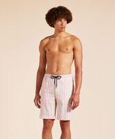 Men Striped Cotton Linen Bermuda Shorts Pastel pink front worn view