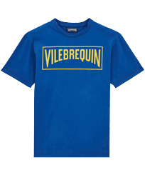 Camiseta de algodón con logotipo aterciopelado de Vilebrequin para hombre Mar azul vista frontal