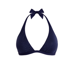 Top de bikini anudado alrededor del cuello con strass para mujer Azul marino vista frontal