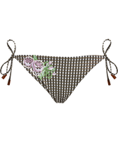 Women Mini Brief Bikini Bottom Pocket Check Embroidered Flowers Bronze front view