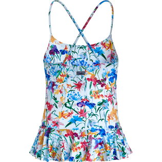 Girls Skirt One-piece Swimsuit Happy Flowers White back view
