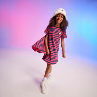 Vestito bambina in cotone biologico Turtles Stripes Ribes vista frontale indossata