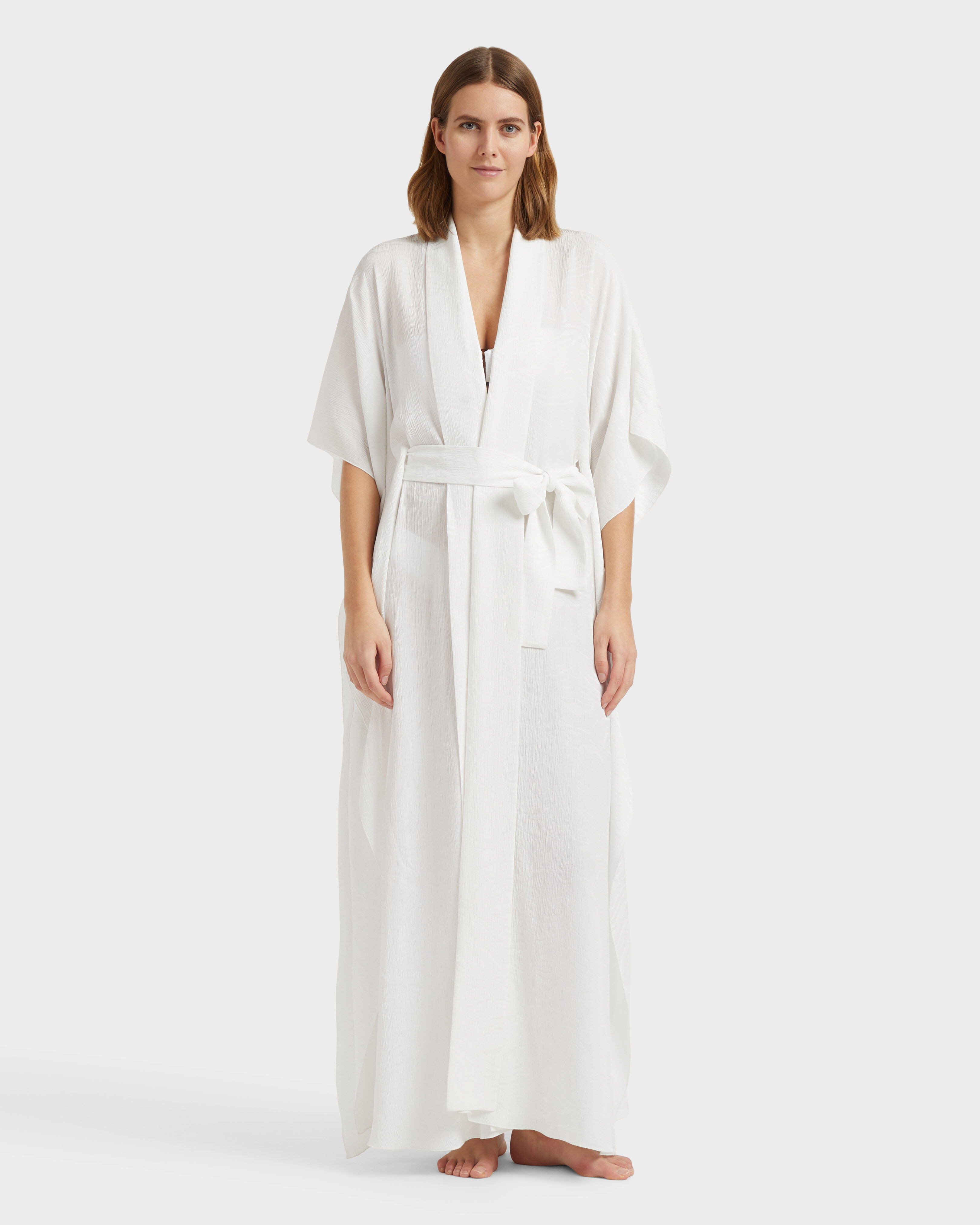 Kimono de crepé de seda con estampado jacquard para mujer BLANCO frontworn view