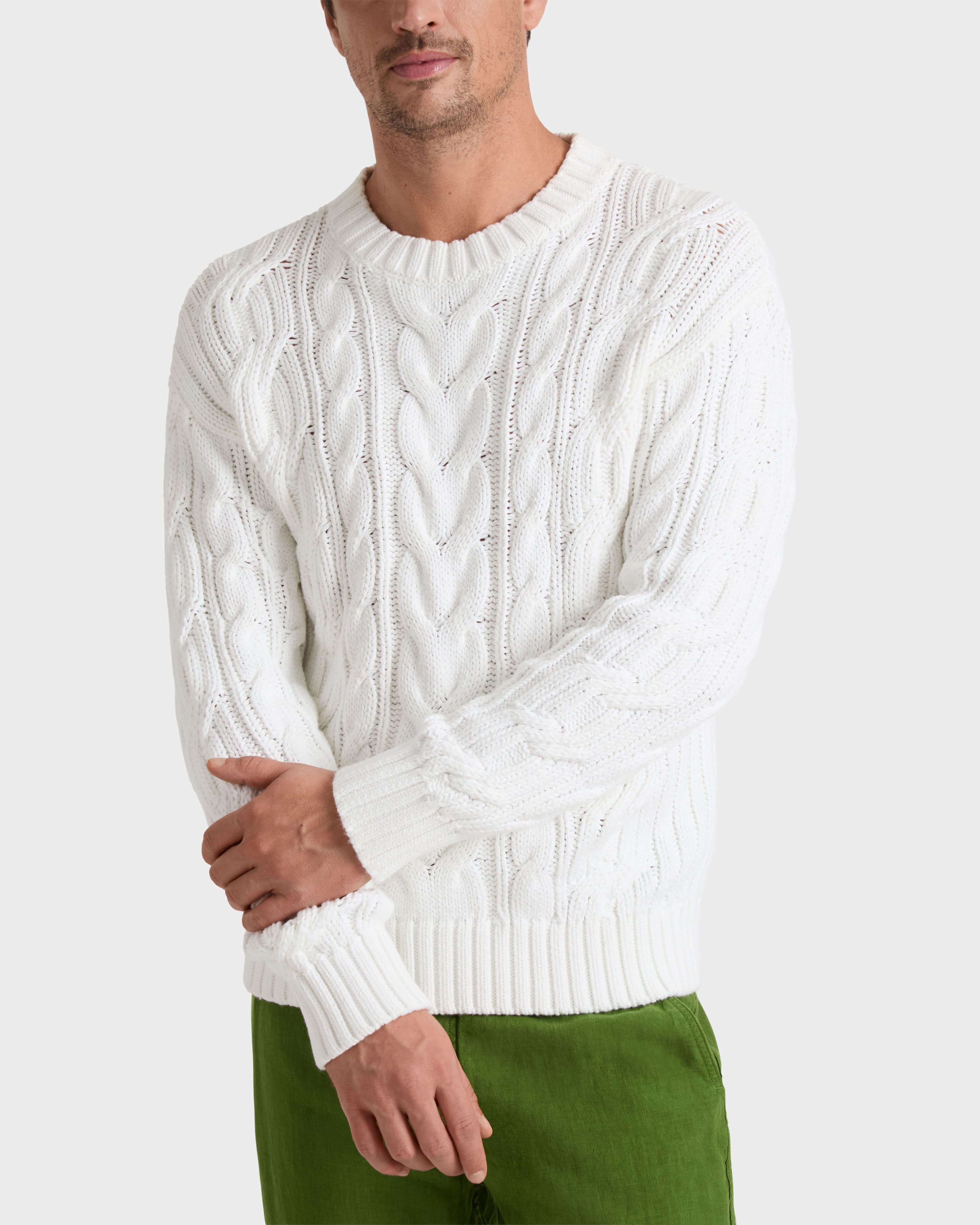 Men Cable-Knit Cotton Sweater WHITE frontworn view
