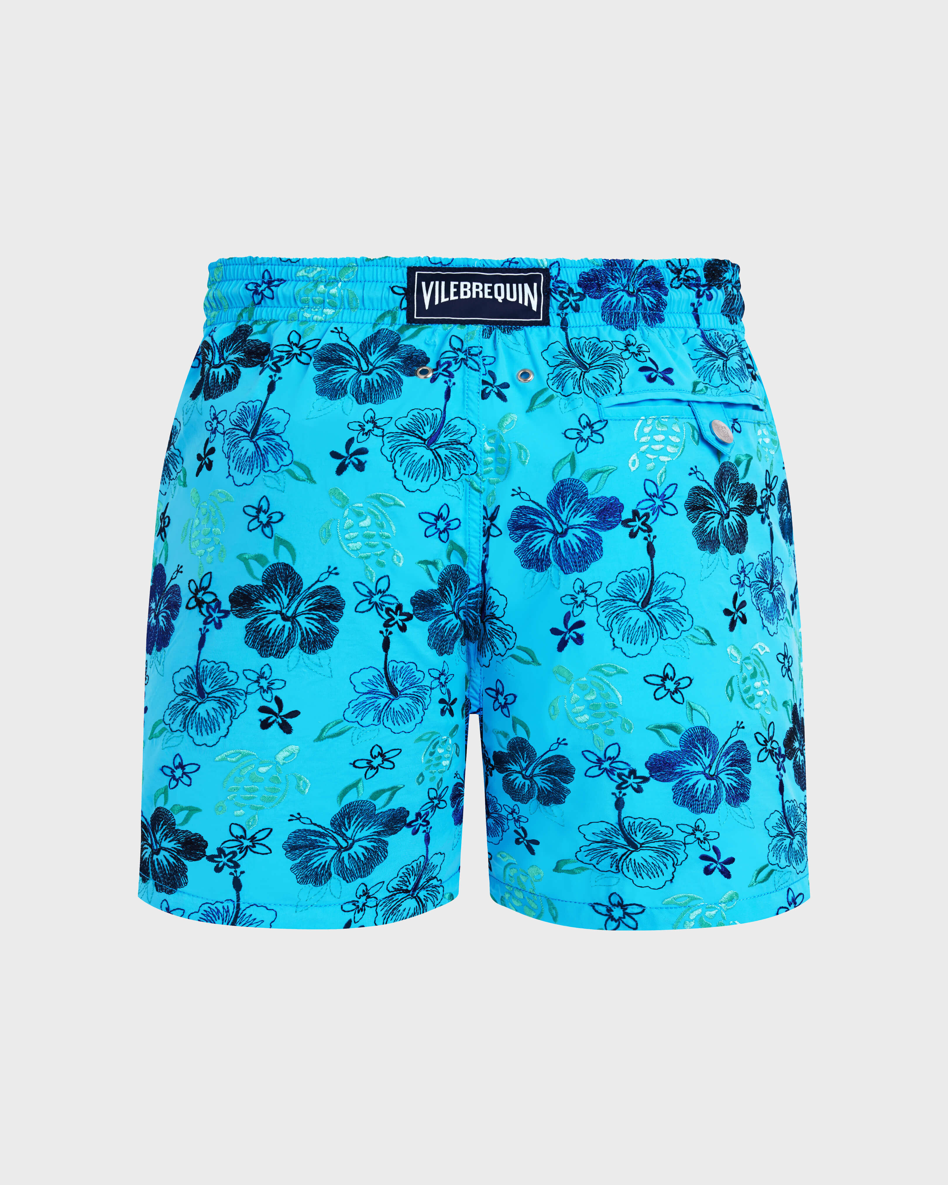 Men Swim Shorts Embroidered Tropical Turtles - Limited Edition BLUE TOPAZ back view