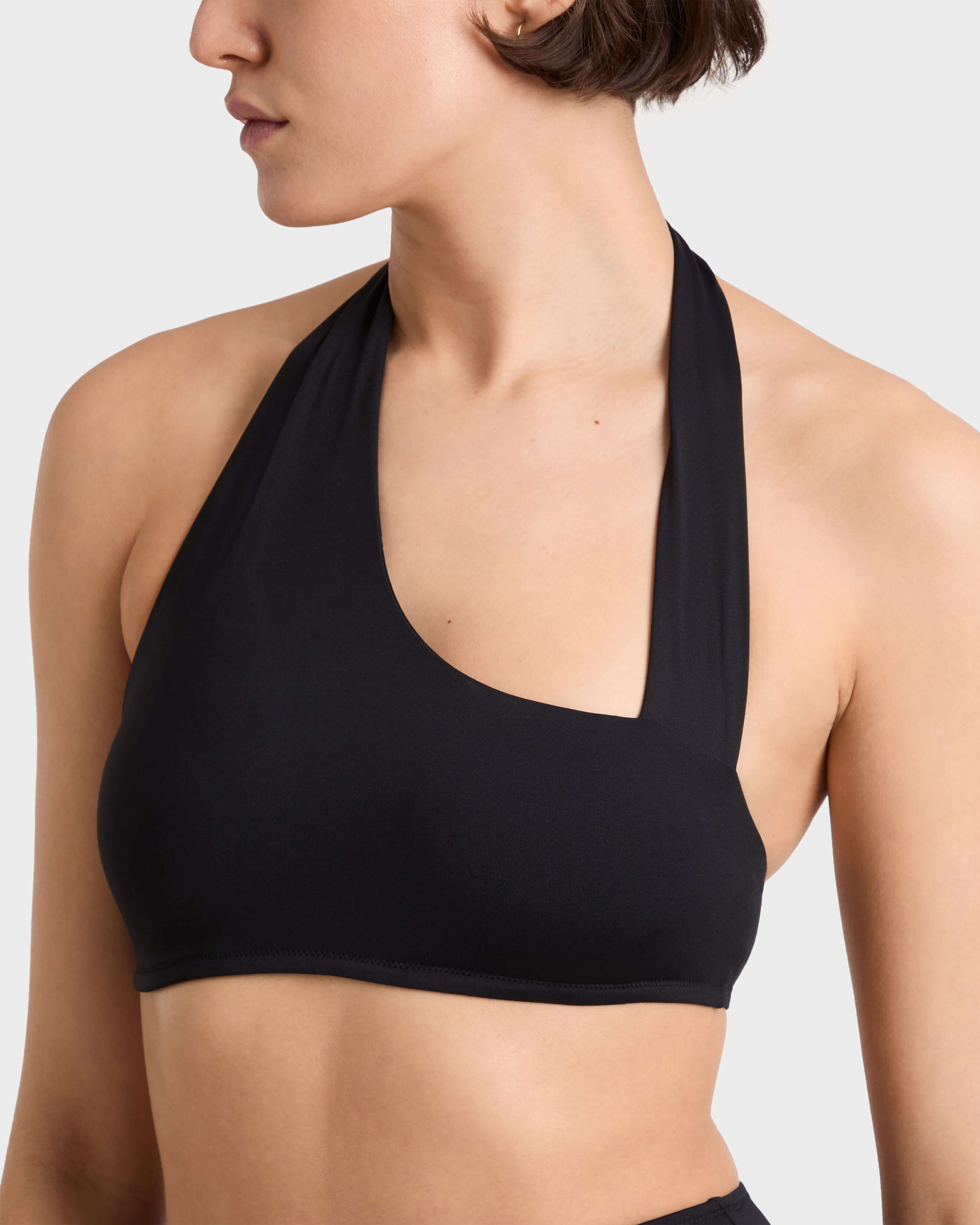Women Graphic Neckline Bikini Top Solid BLACK frontworn view