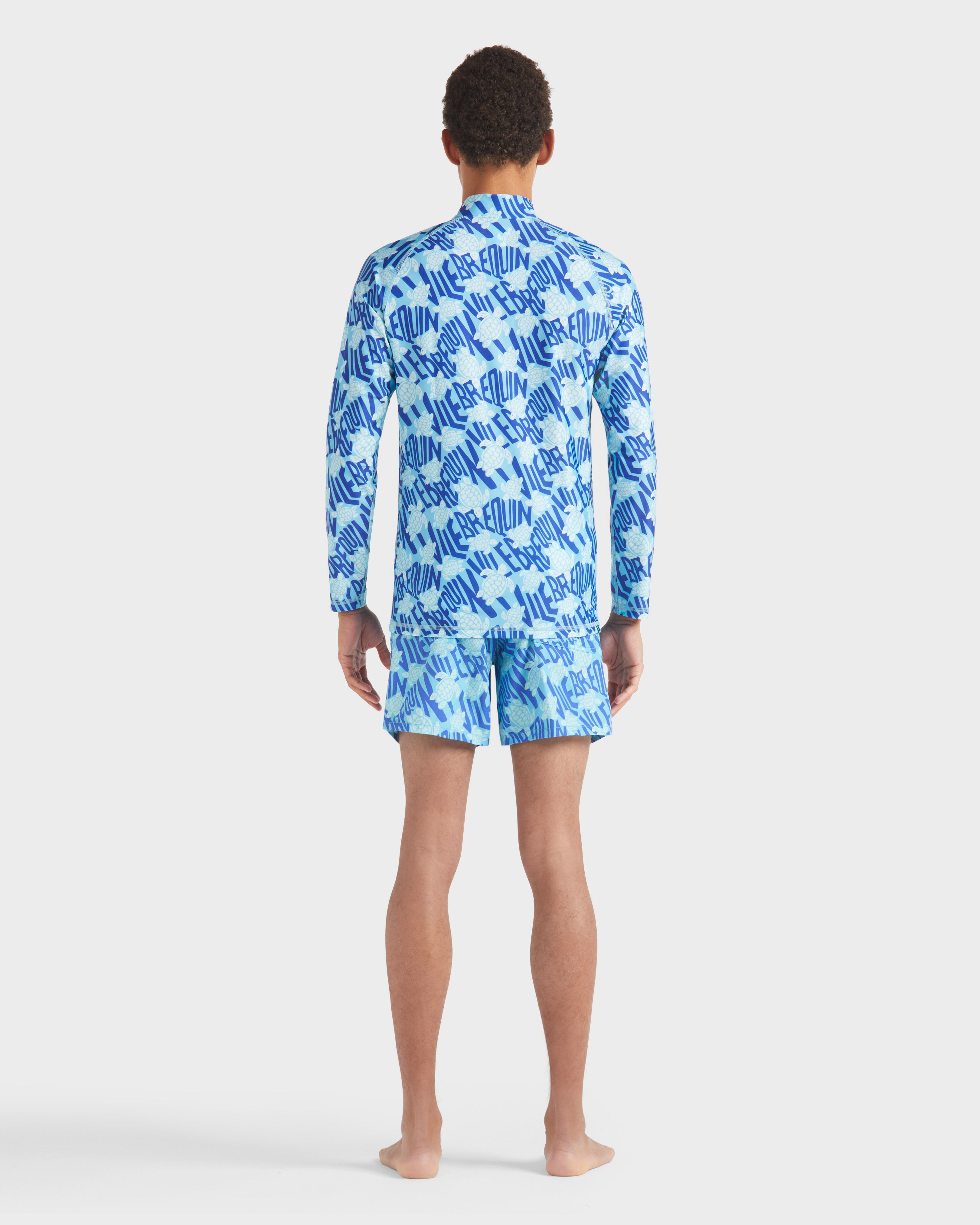 Men Full Zip UV-Protection Rashguard Ronde des tortues Logo BLUE TOPAZ backworn view