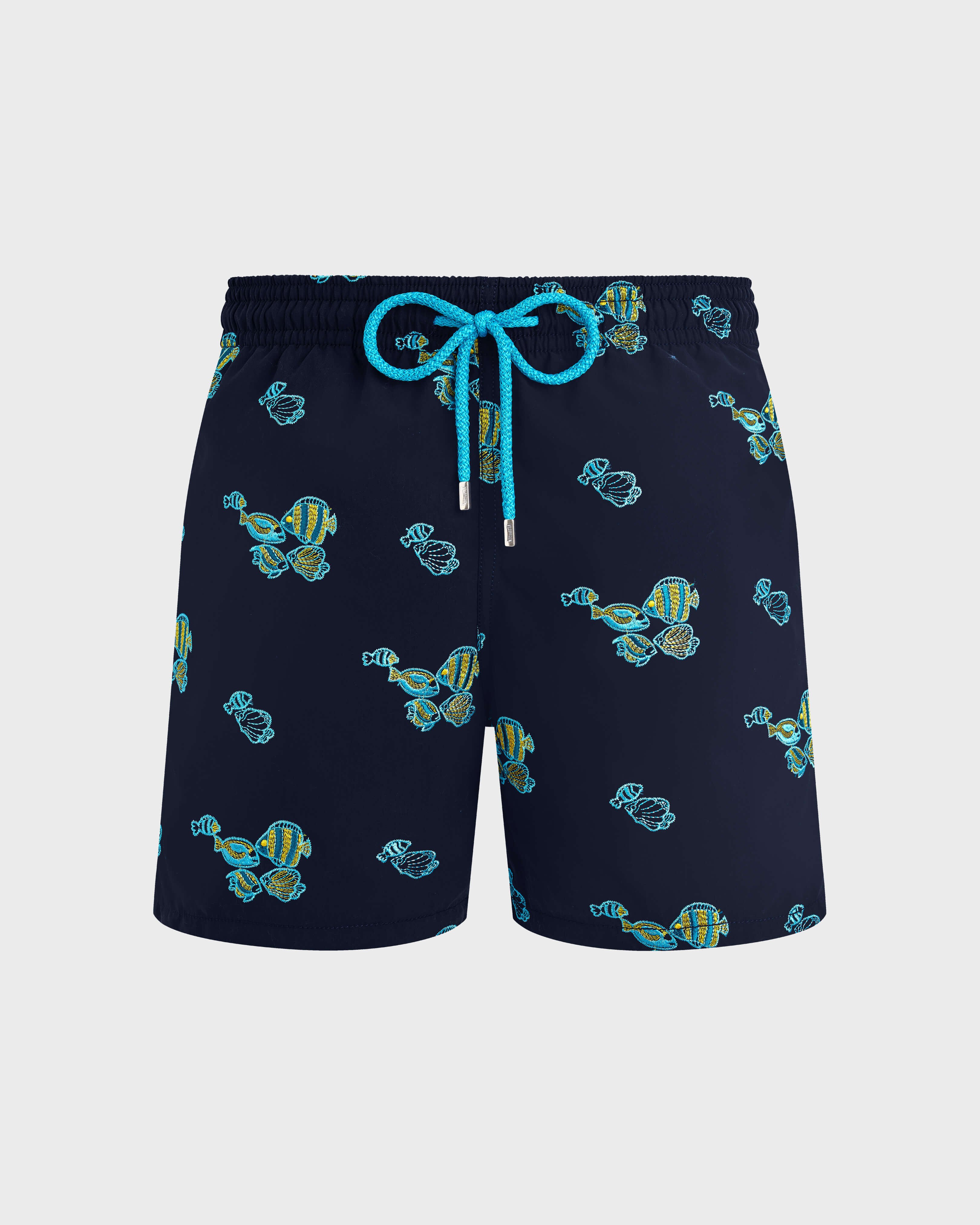 Men Swim trunks Embroidered Fishy Vibes NAVY front view