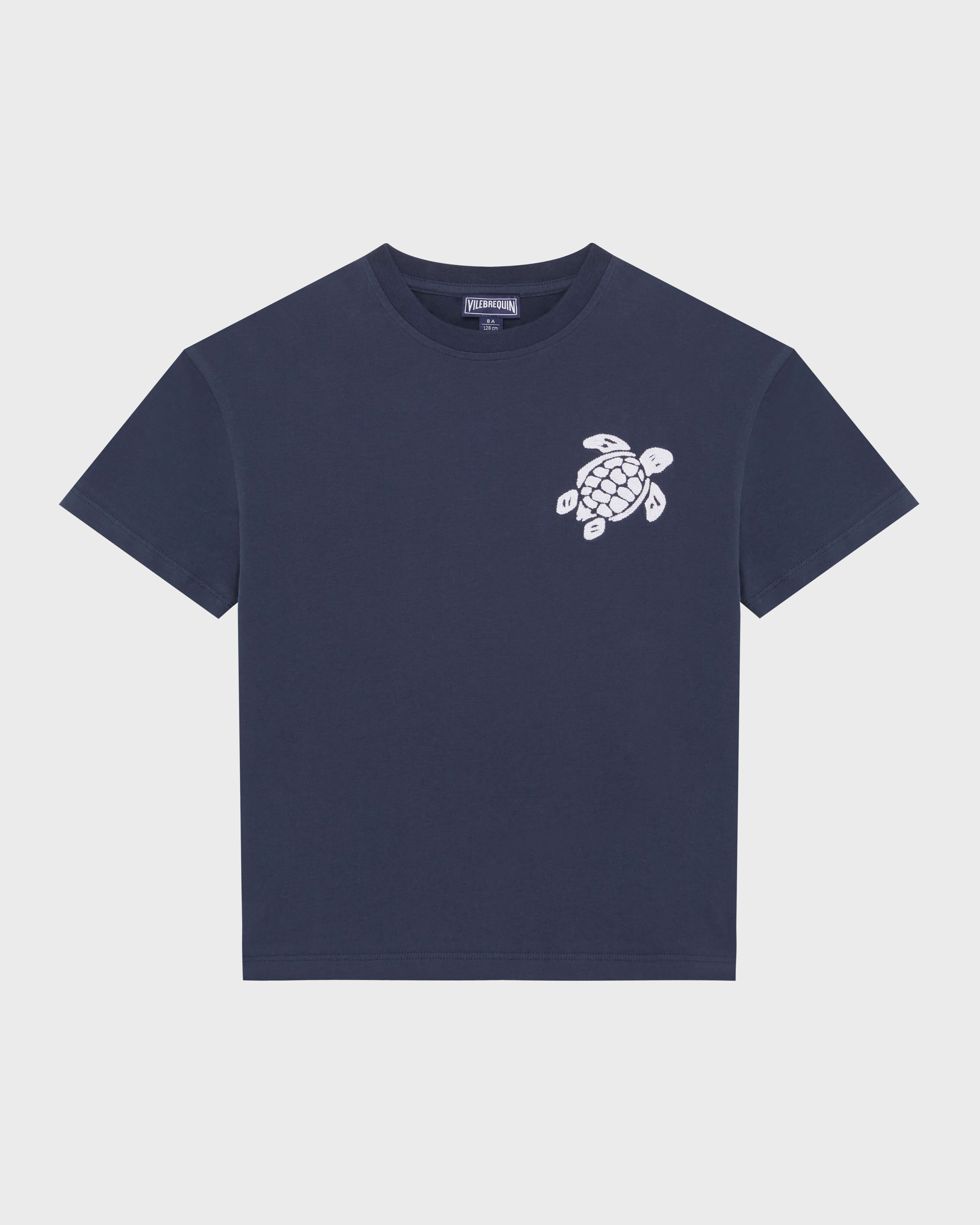 Boys Organic Cotton T-shirt Embroidered Turtle NAVY front view