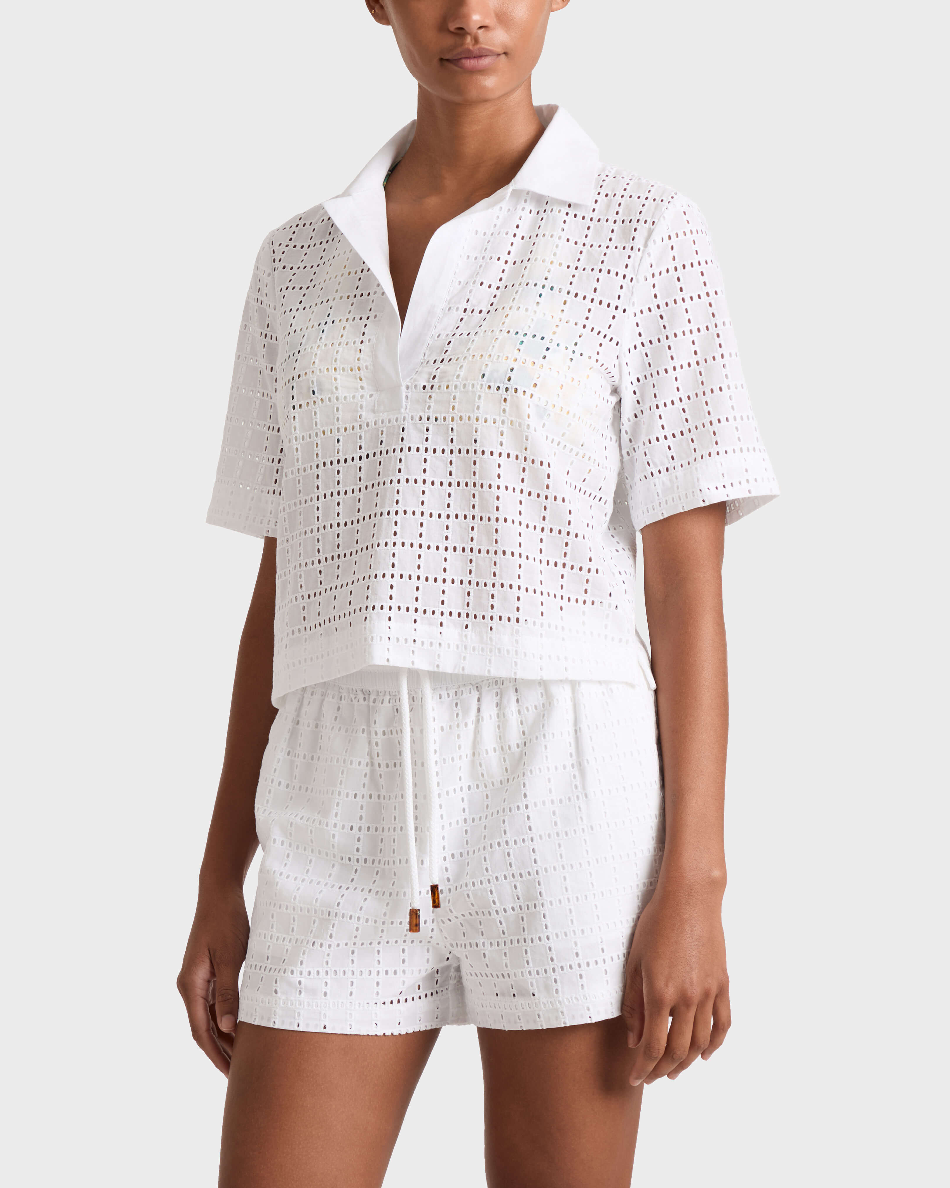 Women Geometric Broderie Anglaise Shirt WHITE frontworn view